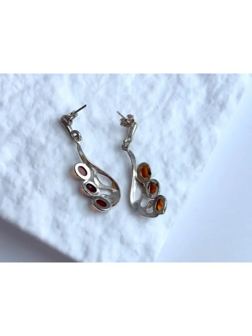 Natural Baltic Amber Accented Modernist Sterling Silver Classic 925 Earrings